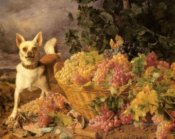 Waldmüller Ferdinand Georg Ein Hund durch einen Korb von Trauben in einer Landschaft Ölgemälde